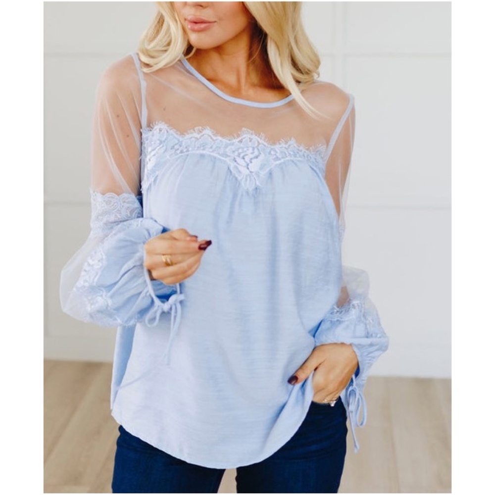 #4 Boho Lace Sheer Lantern Sleeve Blue Blouse - Picture 2 of 7